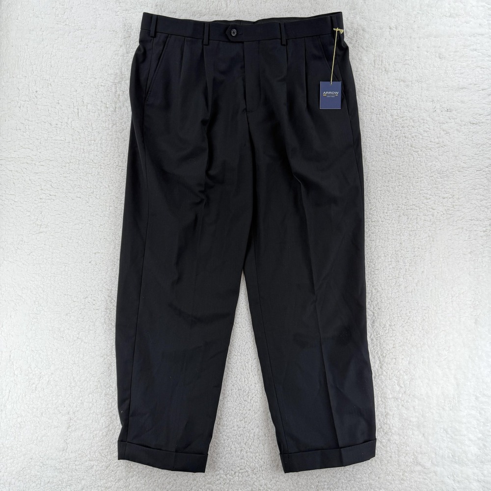 Arrow Dress Pants Mens 40x30 Black Pleated Front Polyester Slacks Office NWT